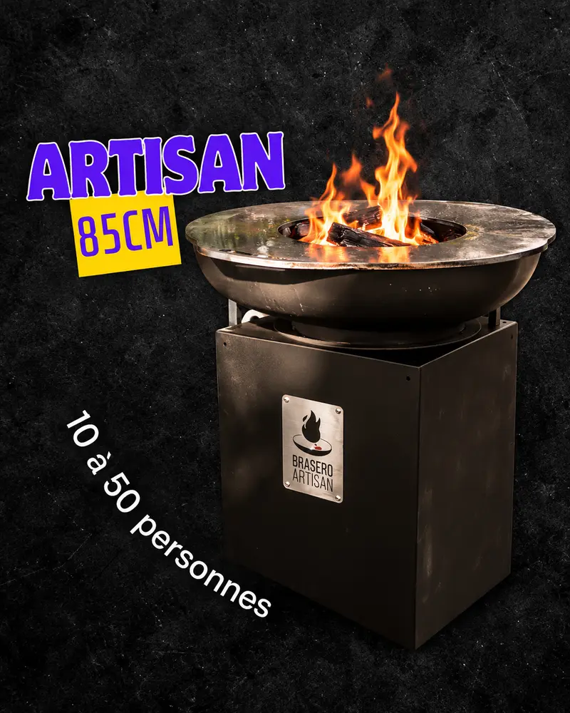 Brasero Artisan 85 cm en fonctionnement, flammes dans la vasque
