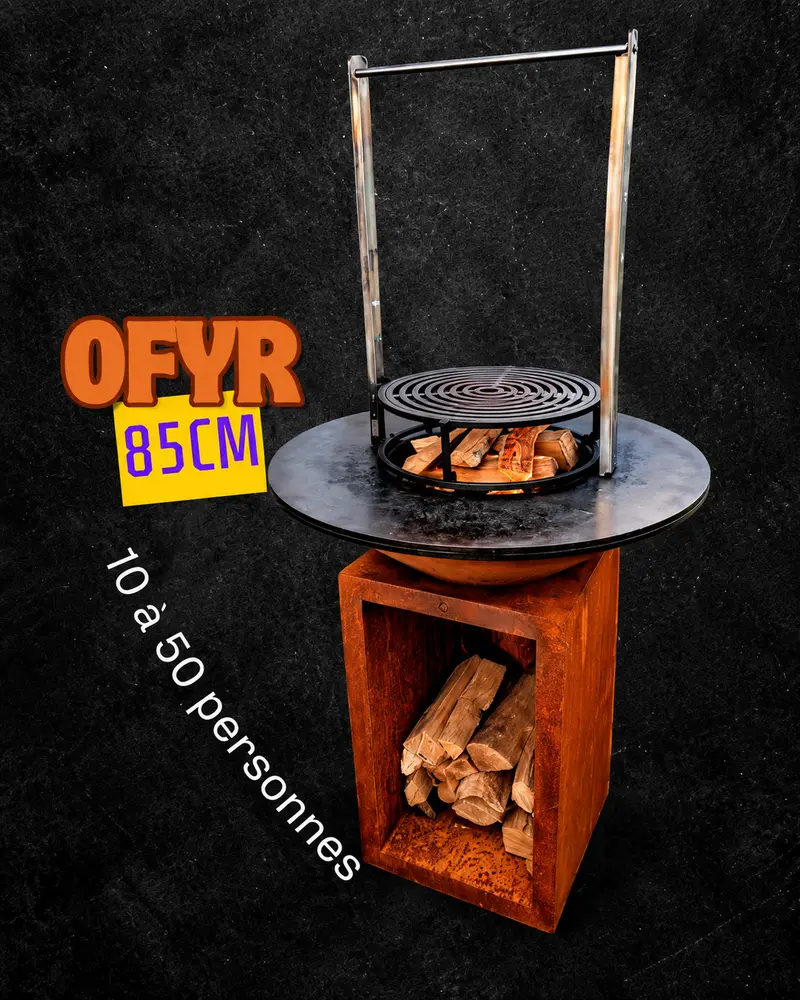 Brasero OFYR 85 cm avec grille de cuisson et réserve de bûches